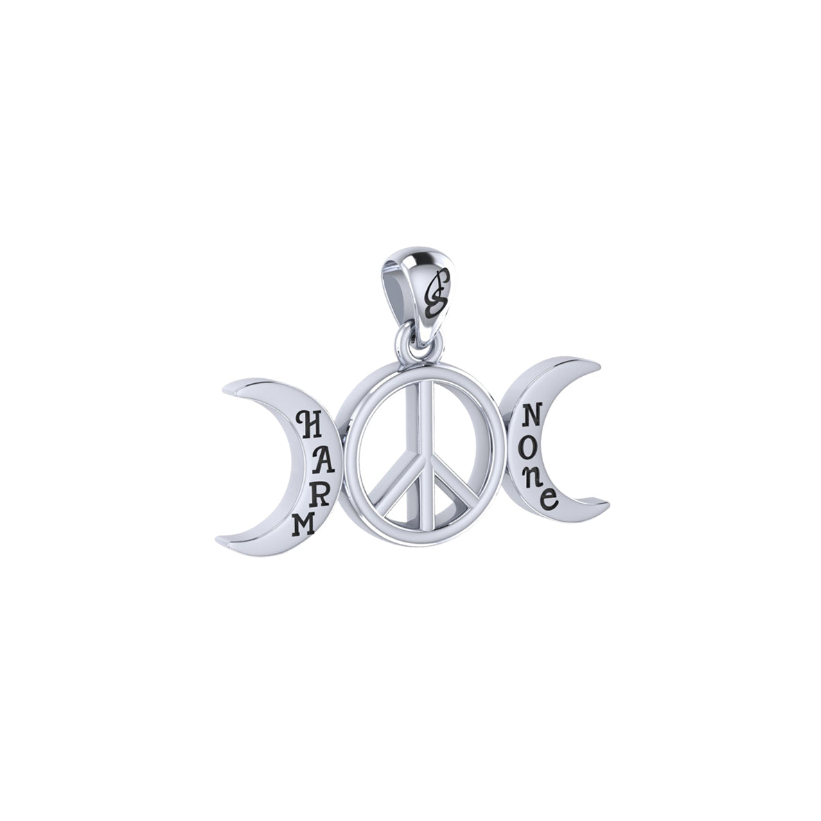 Harm None with Peace Symbols and Crescent Moon Sterling Silver Pendant TPD6457