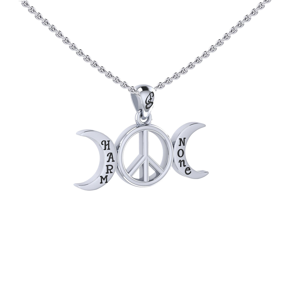 Harm None with Peace Symbols and Crescent Moon Sterling Silver Pendant TPD6457