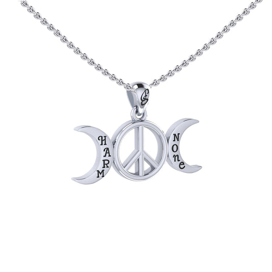 Harm None with Peace Symbols and Crescent Moon Sterling Silver Pendant TPD6457