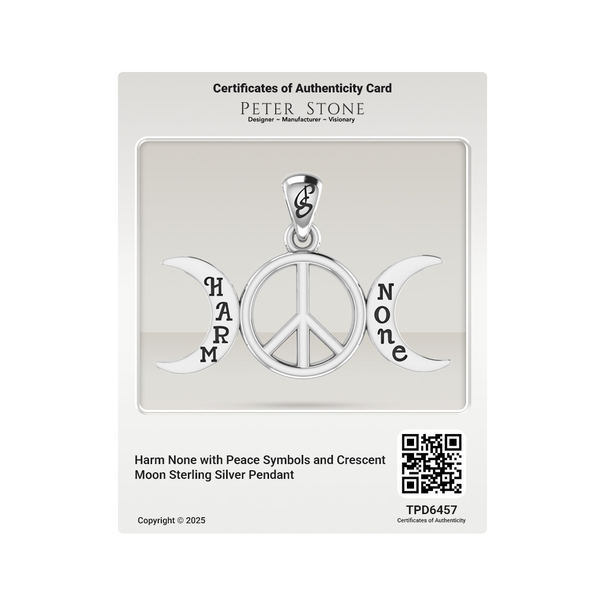 Harm None with Peace Symbols and Crescent Moon Sterling Silver Pendant TPD6457