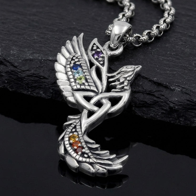 Phoenix With Trinity Sterling Silver Pendant with Chakra Gemstone TPD6475
