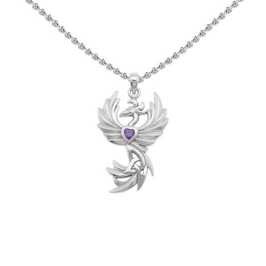 Phoenix with Celtic Trinity and Heart Gemstone Sterling Silver Pendant TPD6476*