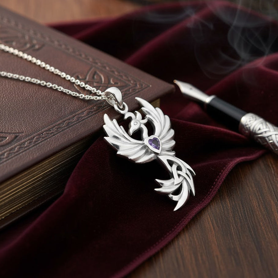 Phoenix with Celtic Trinity and Heart Gemstone Sterling Silver Pendant TPD6476*