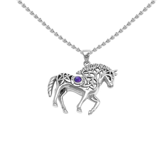 Double Sided Celtic Horse with Tree of Life snf Horseshoe with Gemstone Sterling Silver Pendant TPD6494