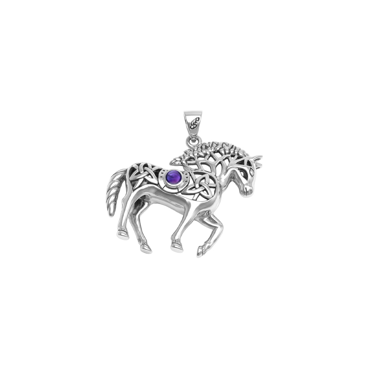 Double Sided Celtic Horse with Tree of Life snf Horseshoe with Gemstone Sterling Silver Pendant TPD6494