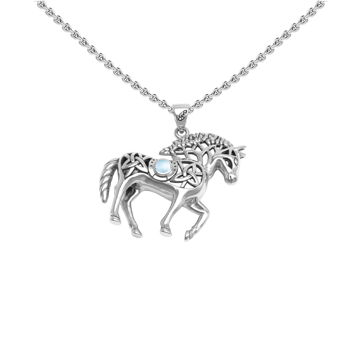 Double Sided Celtic Horse with Tree of Life snf Horseshoe with Gemstone Sterling Silver Pendant TPD6494