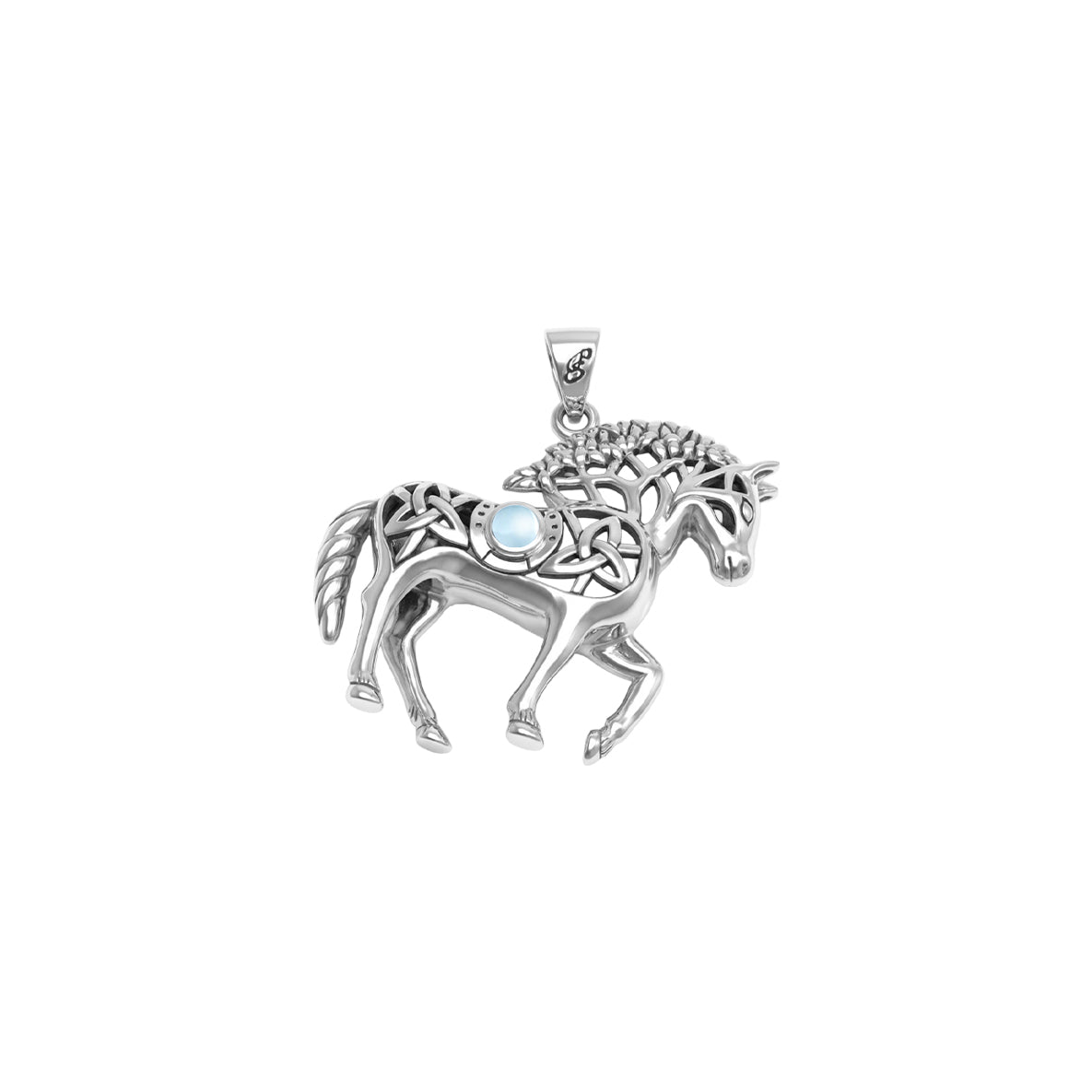 Double Sided Celtic Horse with Tree of Life snf Horseshoe with Gemstone Sterling Silver Pendant TPD6494