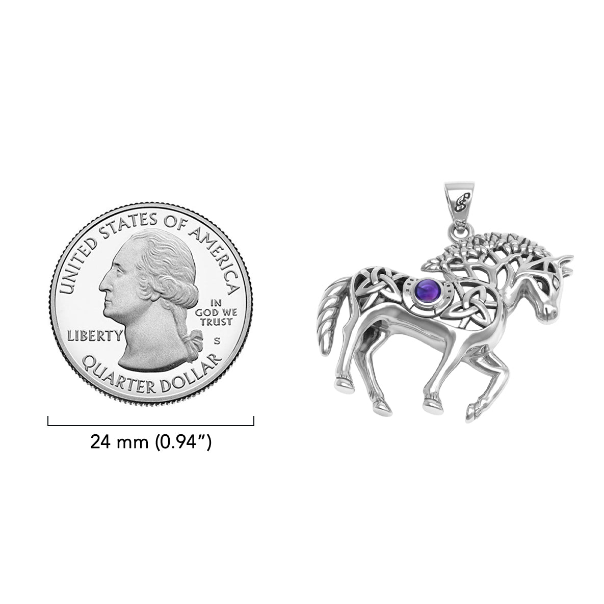 Double Sided Celtic Horse with Tree of Life snf Horseshoe with Gemstone Sterling Silver Pendant TPD6494