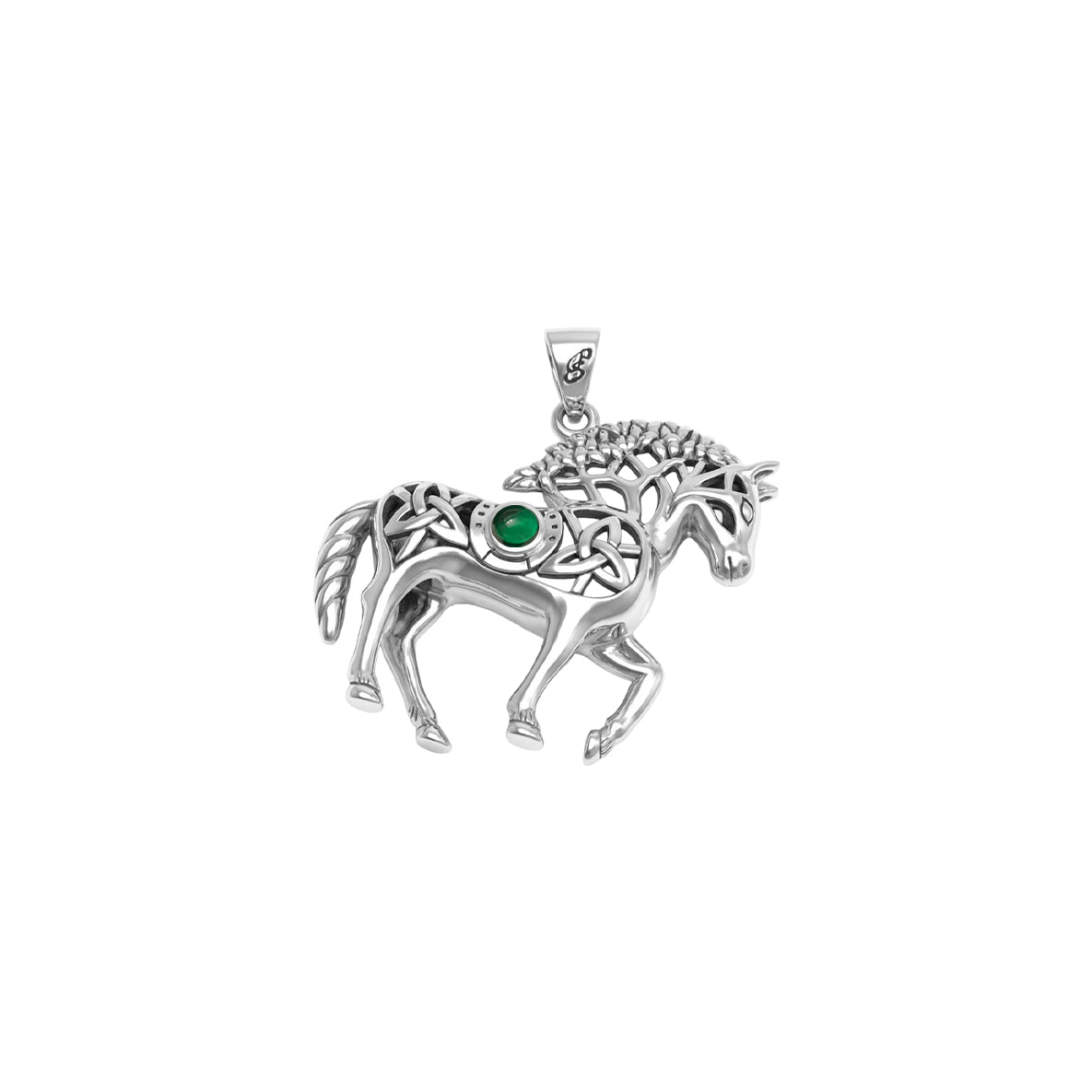 Double Sided Celtic Horse with Tree of Life snf Horseshoe with Gemstone Sterling Silver Pendant TPD6494