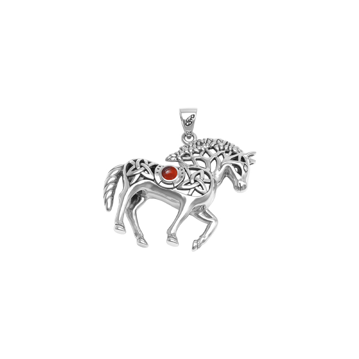 Double Sided Celtic Horse with Tree of Life snf Horseshoe with Gemstone Sterling Silver Pendant TPD6494