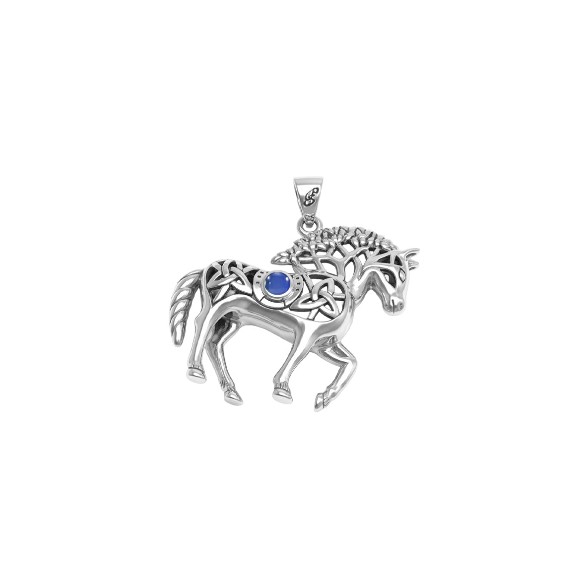 Double Sided Celtic Horse with Tree of Life snf Horseshoe with Gemstone Sterling Silver Pendant TPD6494