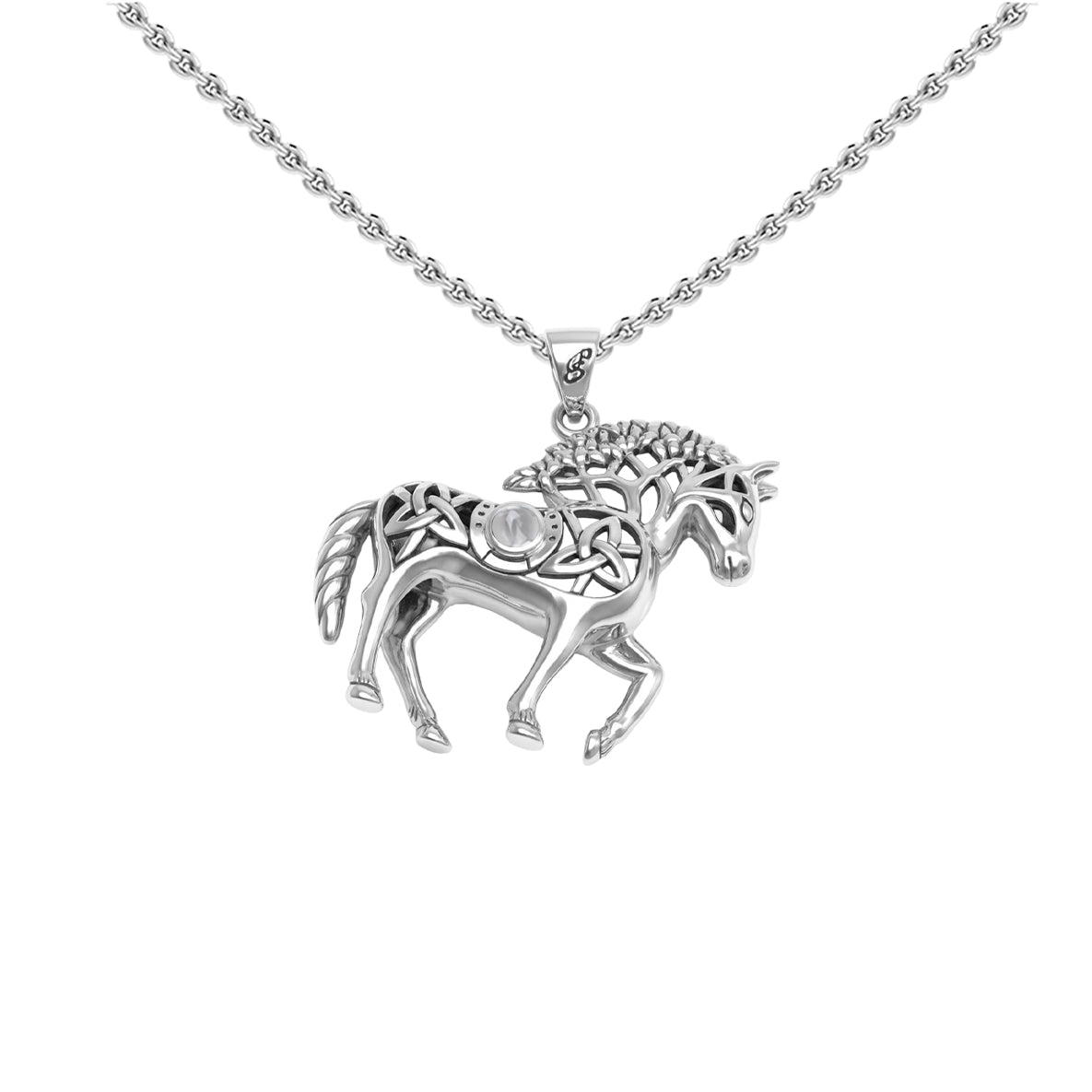 Double Sided Celtic Horse with Tree of Life snf Horseshoe with Gemstone Sterling Silver Pendant TPD6494