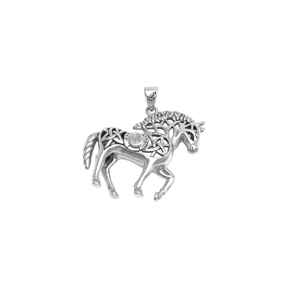 Double Sided Celtic Horse with Tree of Life snf Horseshoe with Gemstone Sterling Silver Pendant TPD6494