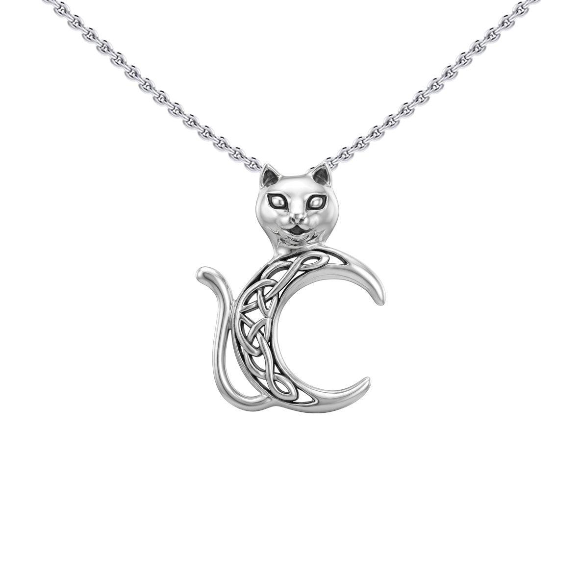 Cat with Celtic Crescent Moon Sterling Silver Pendant TPD6495