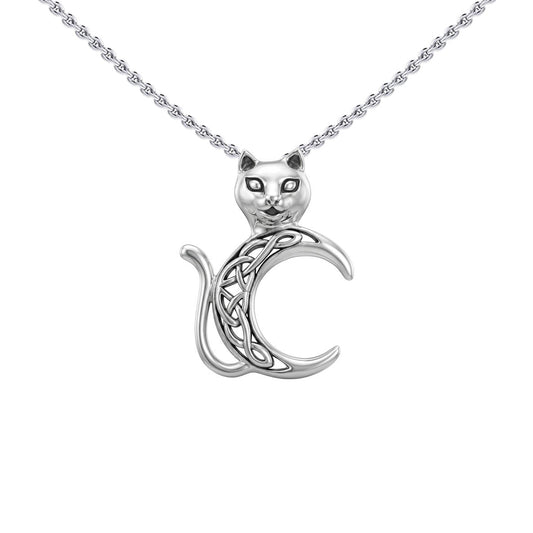 Cat with Celtic Crescent Moon Sterling Silver Pendant TPD6495