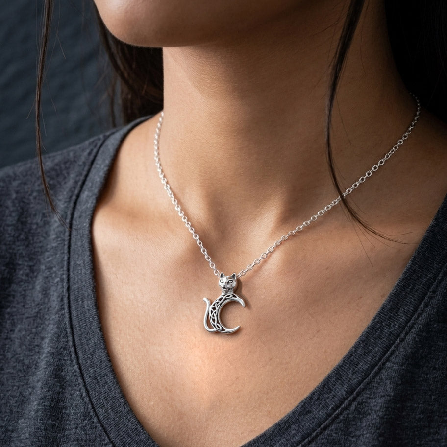 Cat with Celtic Crescent Moon Sterling Silver Pendant TPD6495