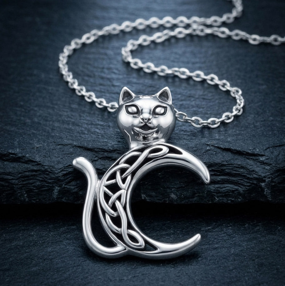 Cat with Celtic Crescent Moon Sterling Silver Pendant TPD6495