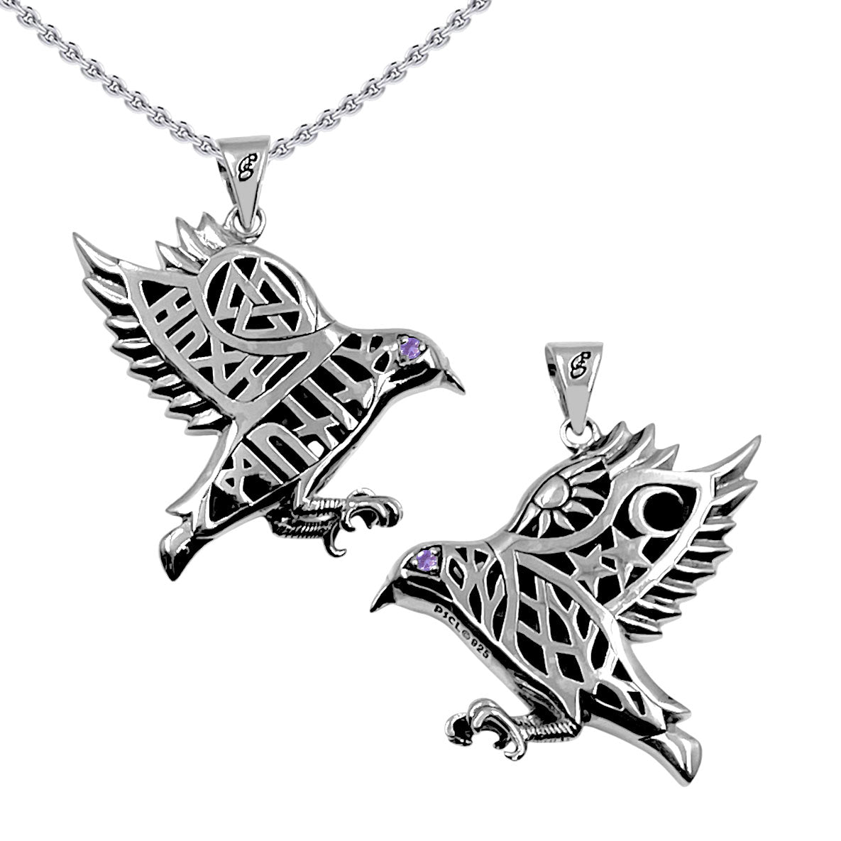 Odin's Raven with Rune Symbols Sterling Silver Pendant with Gemstone Eye TPD6500