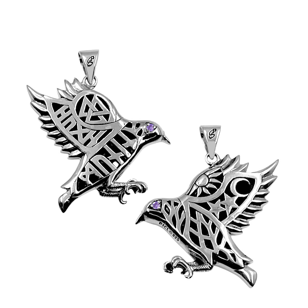 Odin's Raven with Rune Symbols Sterling Silver Pendant with Gemstone Eye TPD6500