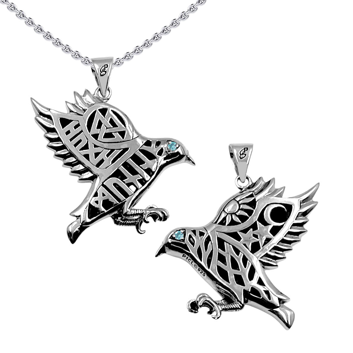 Odin's Raven with Rune Symbols Sterling Silver Pendant with Gemstone Eye TPD6500