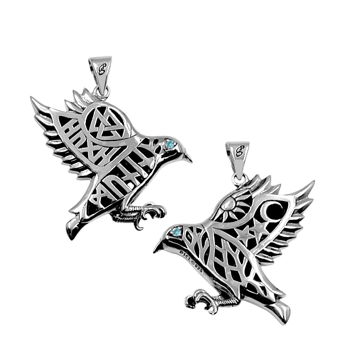 Odin's Raven with Rune Symbols Sterling Silver Pendant with Gemstone Eye TPD6500
