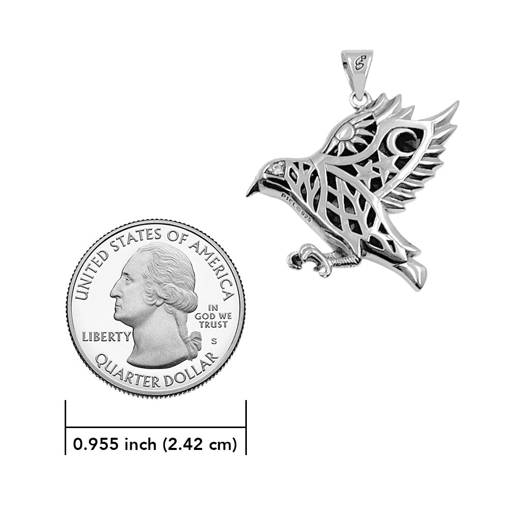 Odin's Raven with Rune Symbols Sterling Silver Pendant with Gemstone Eye TPD6500