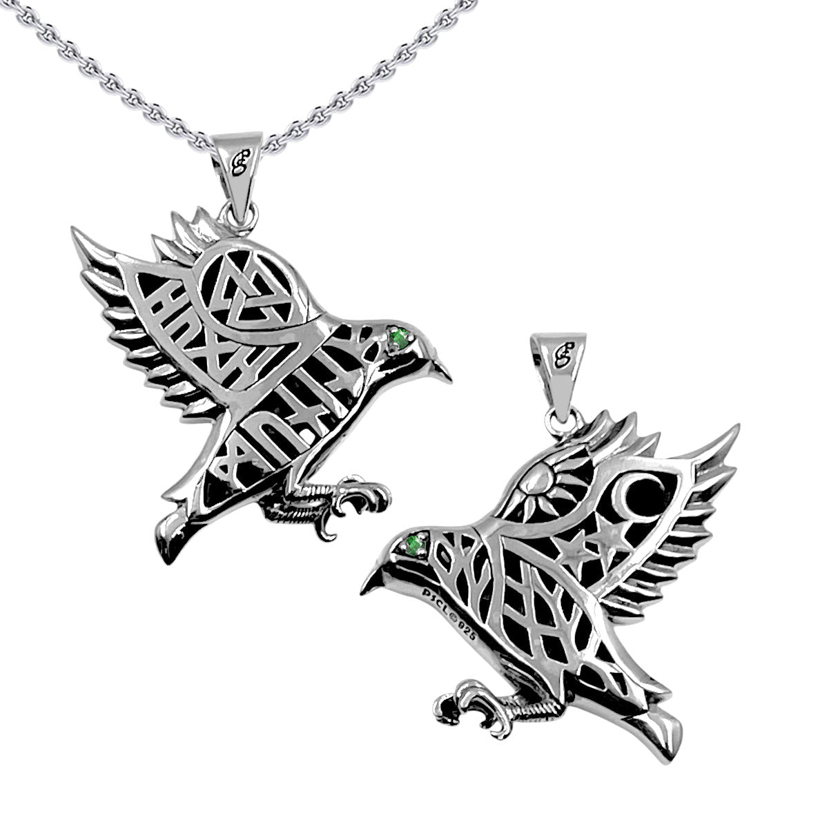 Odin's Raven with Rune Symbols Sterling Silver Pendant with Gemstone Eye TPD6500