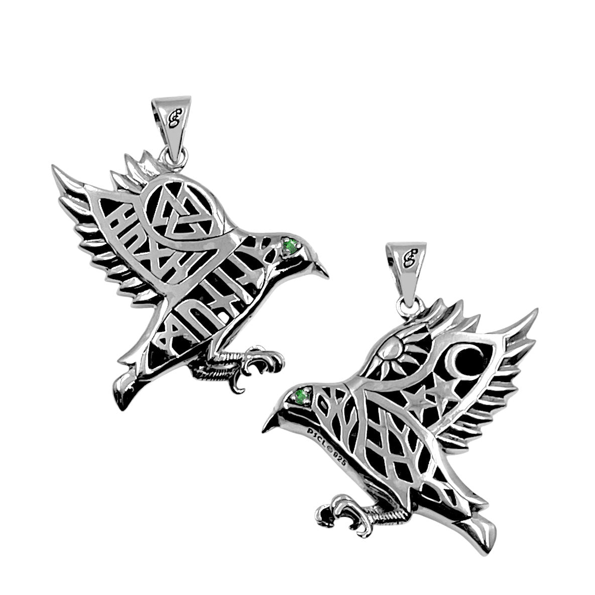 Odin's Raven with Rune Symbols Sterling Silver Pendant with Gemstone Eye TPD6500
