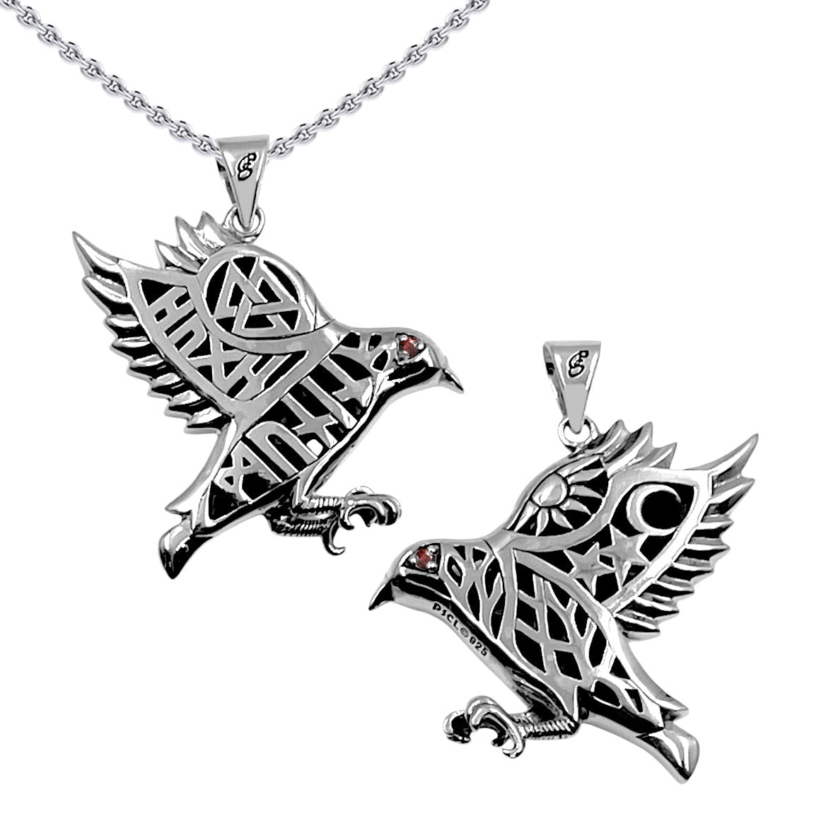 Odin's Raven with Rune Symbols Sterling Silver Pendant with Gemstone Eye TPD6500