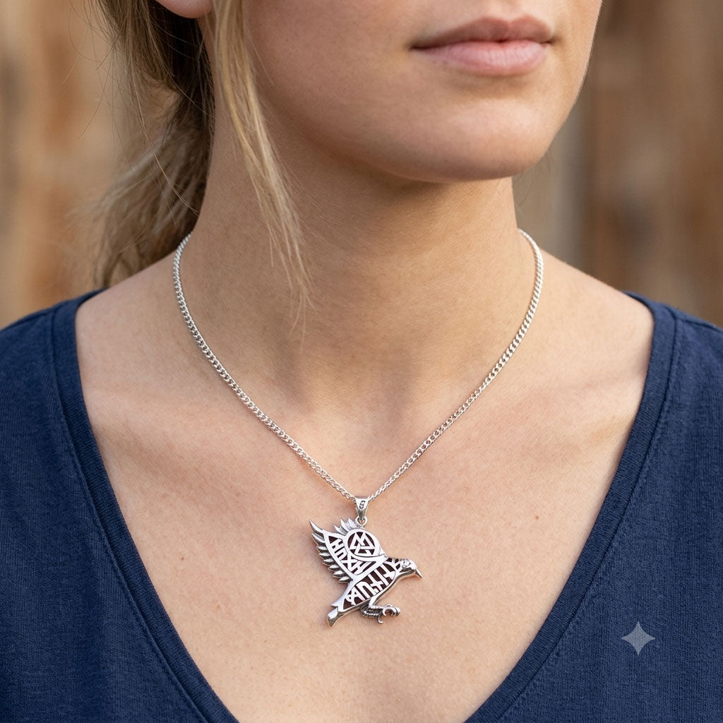 Odin's Raven with Rune Symbols Sterling Silver Pendant with Gemstone Eye TPD6500