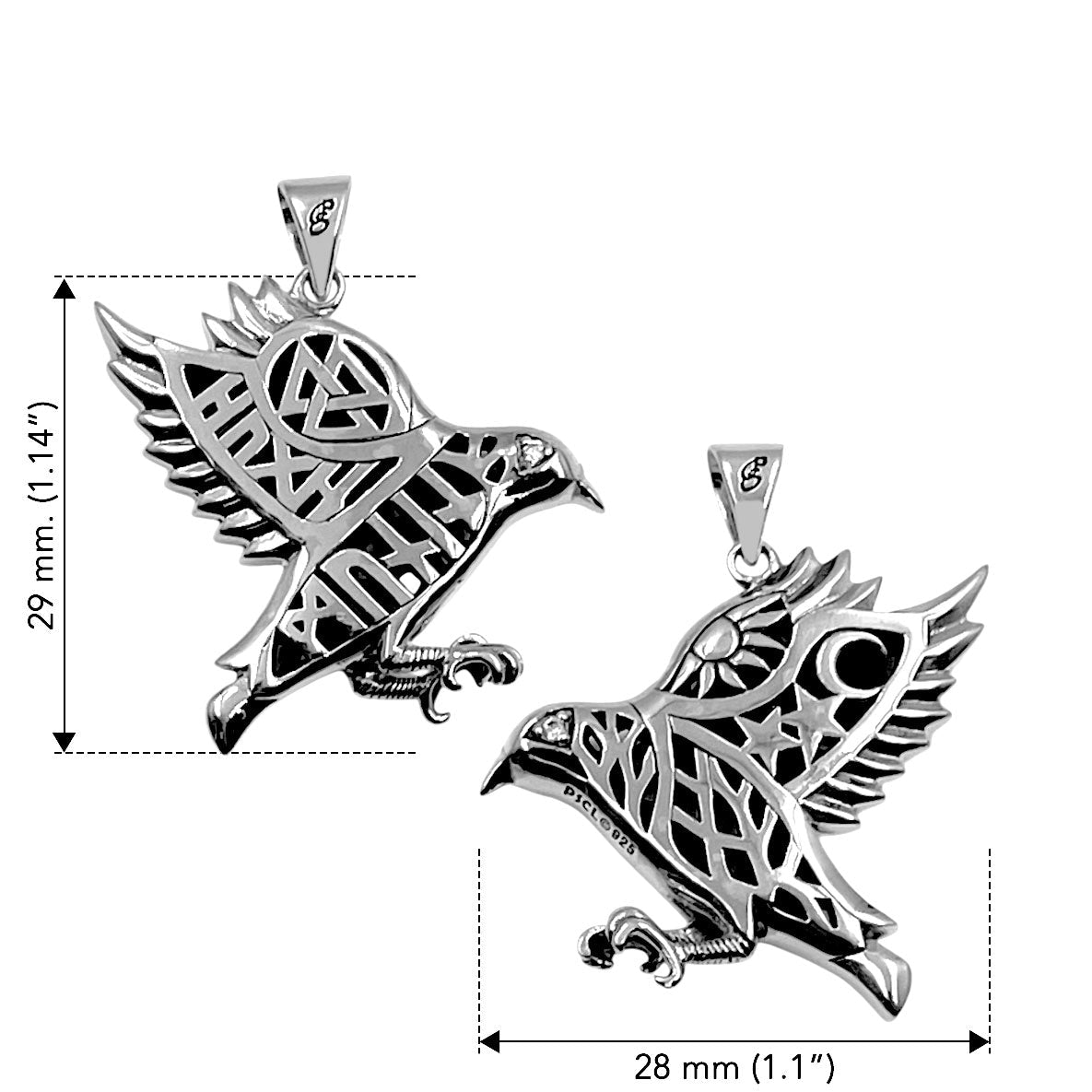 Odin's Raven with Rune Symbols Sterling Silver Pendant with Gemstone Eye TPD6500
