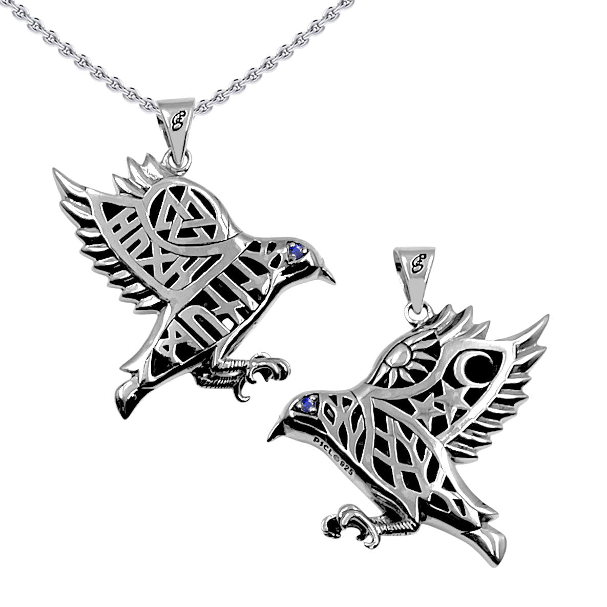 Odin's Raven with Rune Symbols Sterling Silver Pendant with Gemstone Eye TPD6500