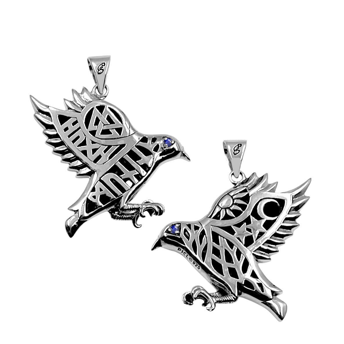 Odin's Raven with Rune Symbols Sterling Silver Pendant with Gemstone Eye TPD6500