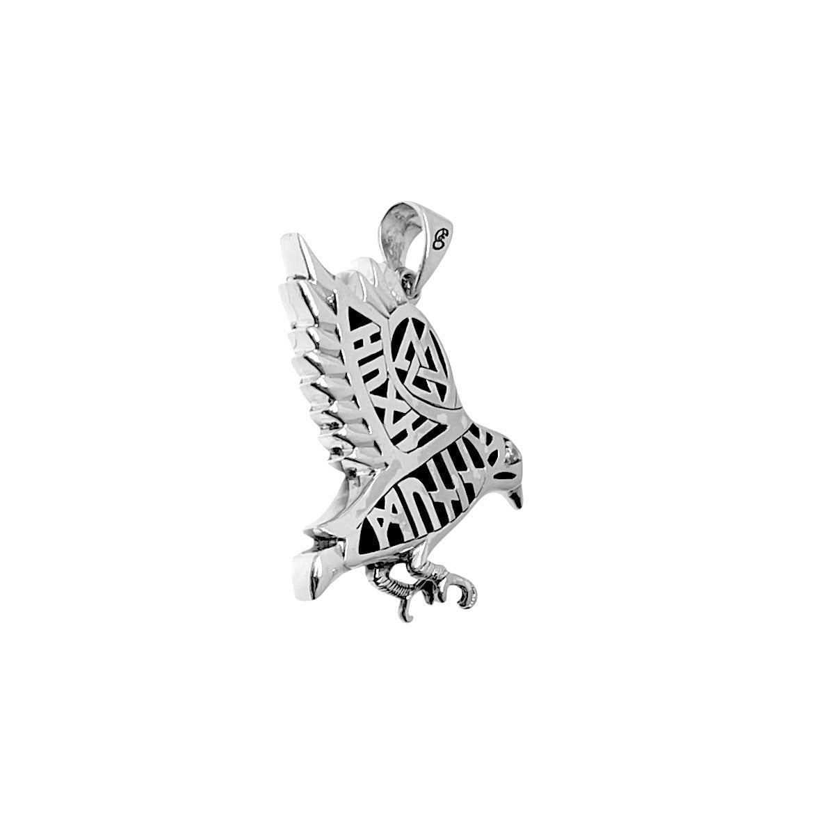 Odin's Raven with Rune Symbols Sterling Silver Pendant with Gemstone Eye TPD6500