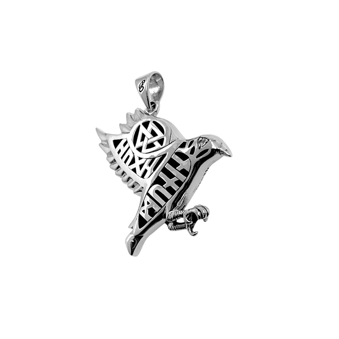 Odin's Raven with Rune Symbols Sterling Silver Pendant with Gemstone Eye TPD6500