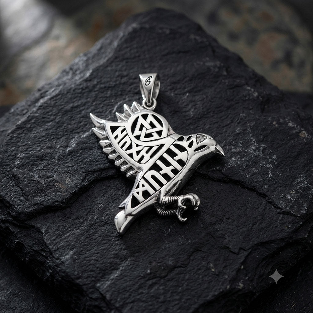 Odin's Raven with Rune Symbols Sterling Silver Pendant with Gemstone Eye TPD6500