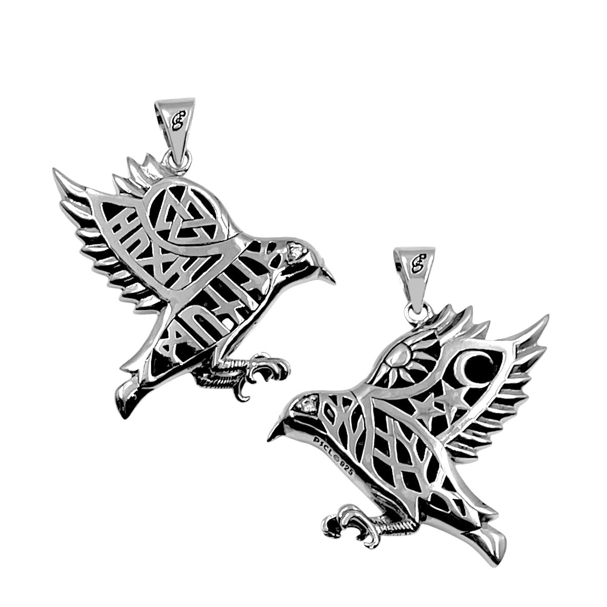 Odin's Raven with Rune Symbols Sterling Silver Pendant with Gemstone Eye TPD6500
