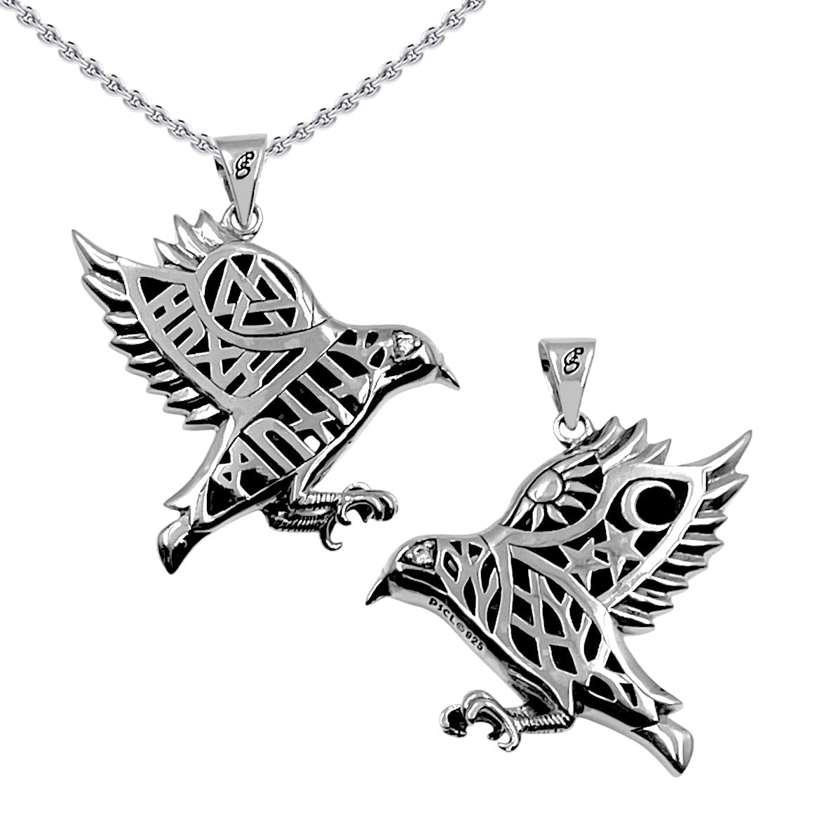 Odin's Raven with Rune Symbols Sterling Silver Pendant with Gemstone Eye TPD6500