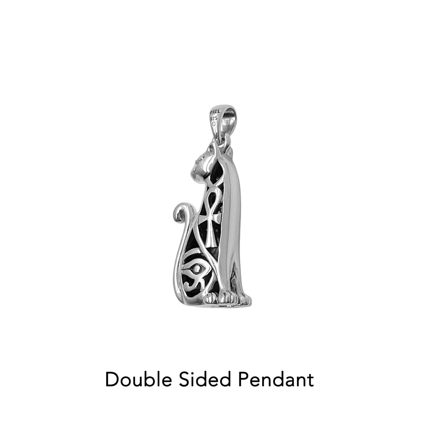 Egyptian Spirit Cat with Tree of Life and Eye of Horus Sterling Silver Pendant with Gemstone Eyes TPD6501