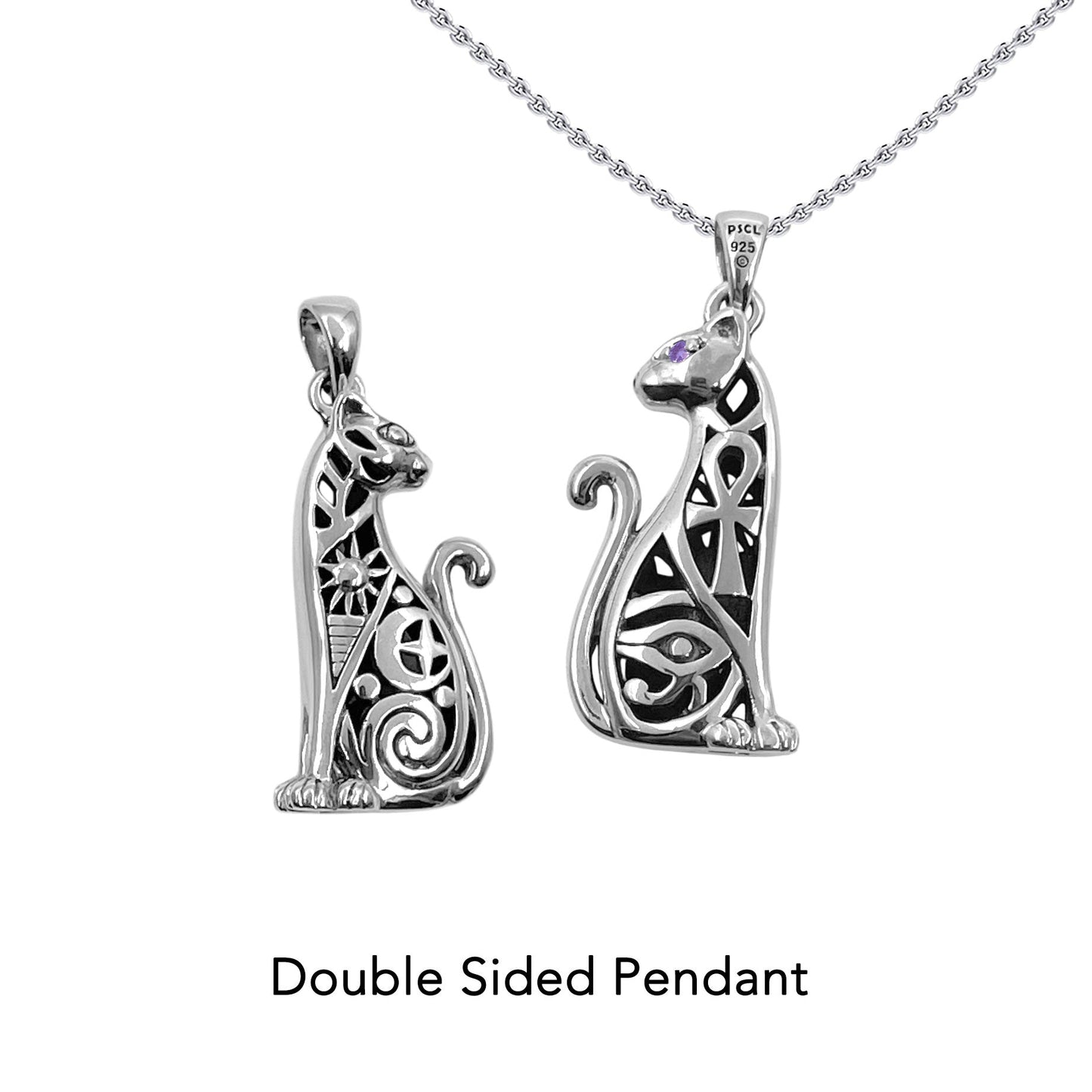 Egyptian Spirit Cat with Tree of Life and Eye of Horus Sterling Silver Pendant with Gemstone Eyes TPD6501