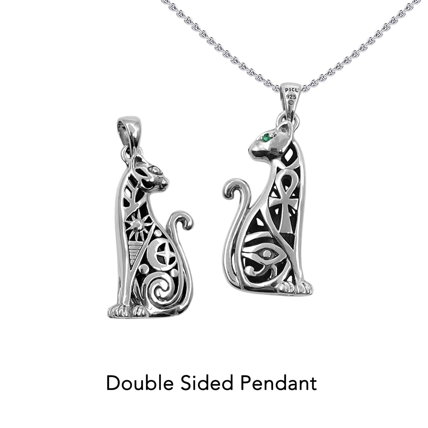 Egyptian Spirit Cat with Tree of Life and Eye of Horus Sterling Silver Pendant with Gemstone Eyes TPD6501