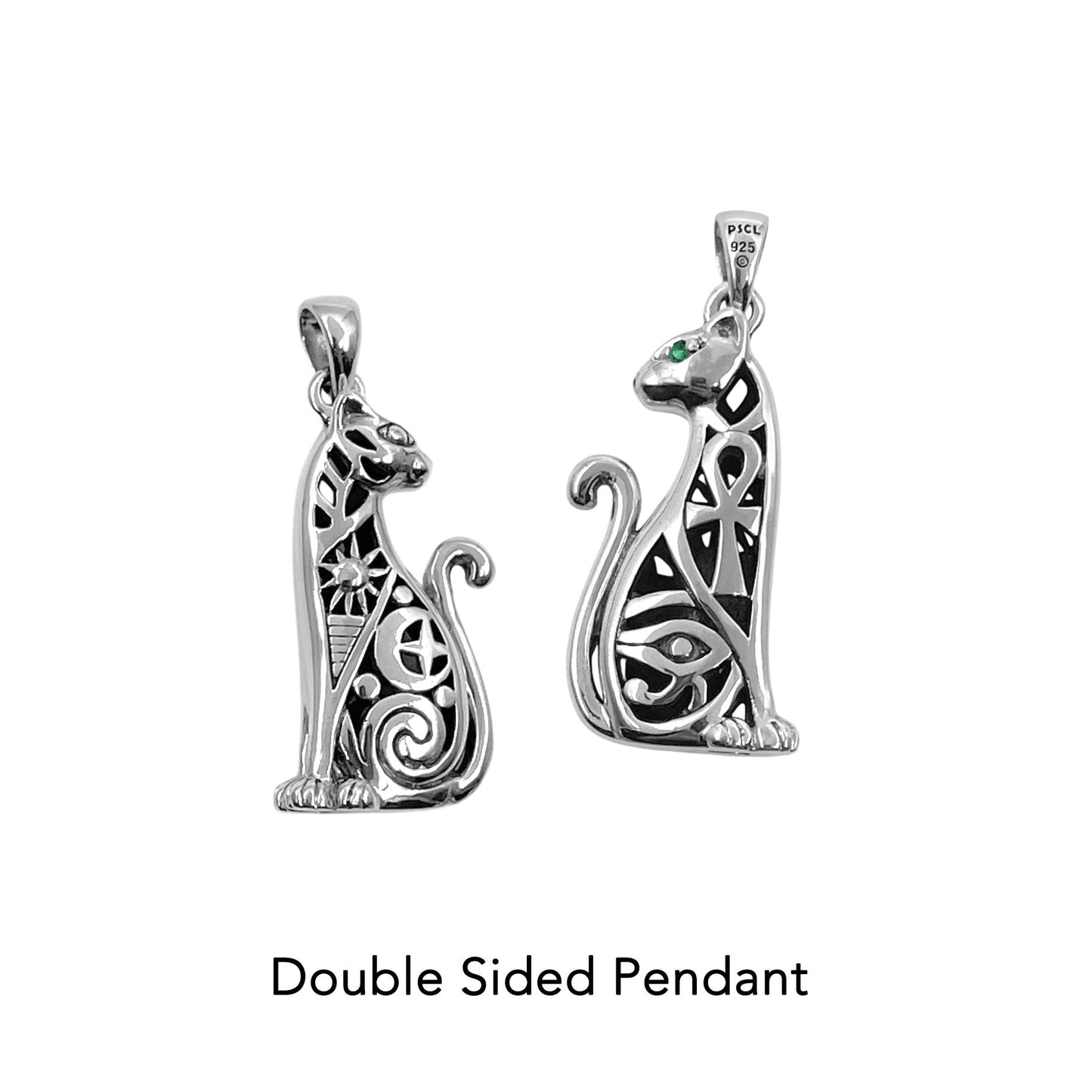 Egyptian Spirit Cat with Tree of Life and Eye of Horus Sterling Silver Pendant with Gemstone Eyes TPD6501