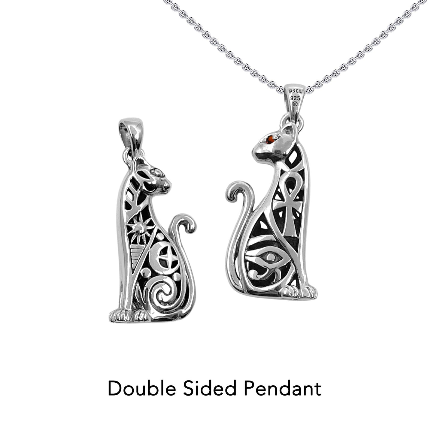 Egyptian Spirit Cat with Tree of Life and Eye of Horus Sterling Silver Pendant with Gemstone Eyes TPD6501