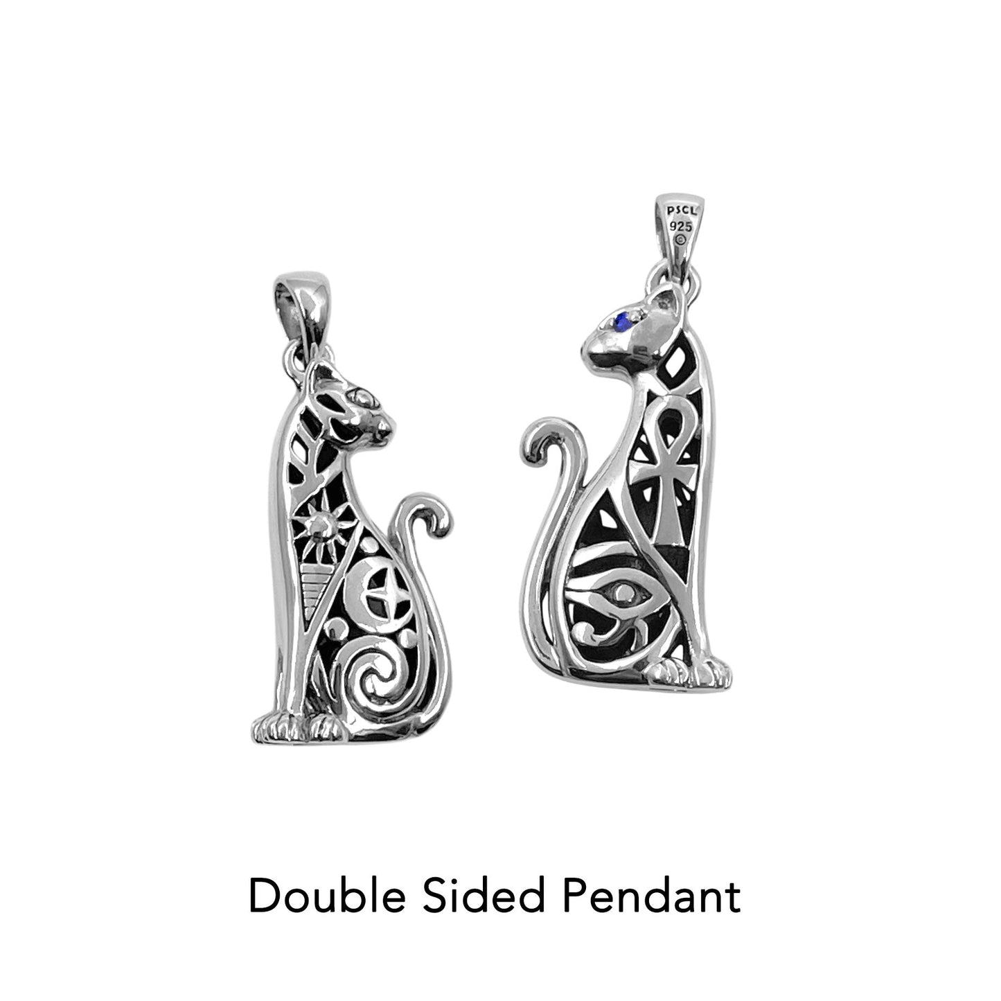 Egyptian Spirit Cat with Tree of Life and Eye of Horus Sterling Silver Pendant with Gemstone Eyes TPD6501