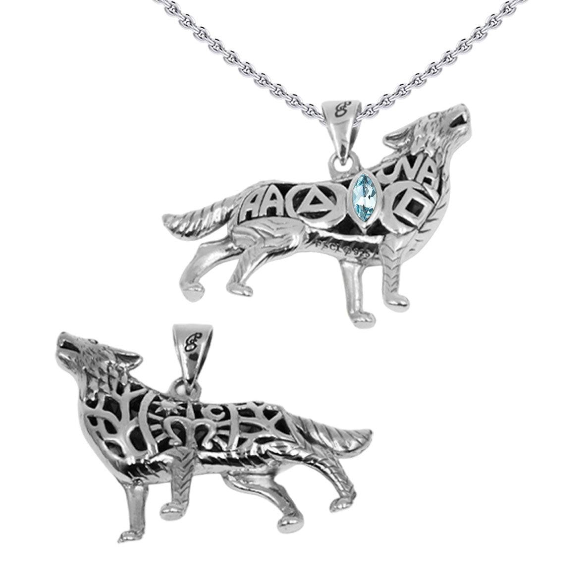 Spirt Wolf Tree of Life and Recovery Symbols Sterling Silver Pendant with Gemstone TPD6502