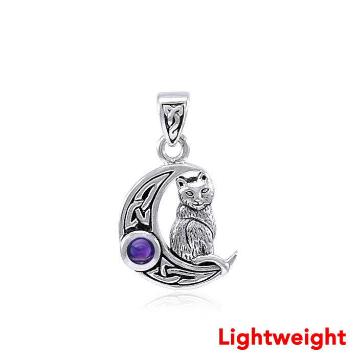 Lightweight Cat with Celtic Crescent Moon Sterling Silver Pendant TPD6533