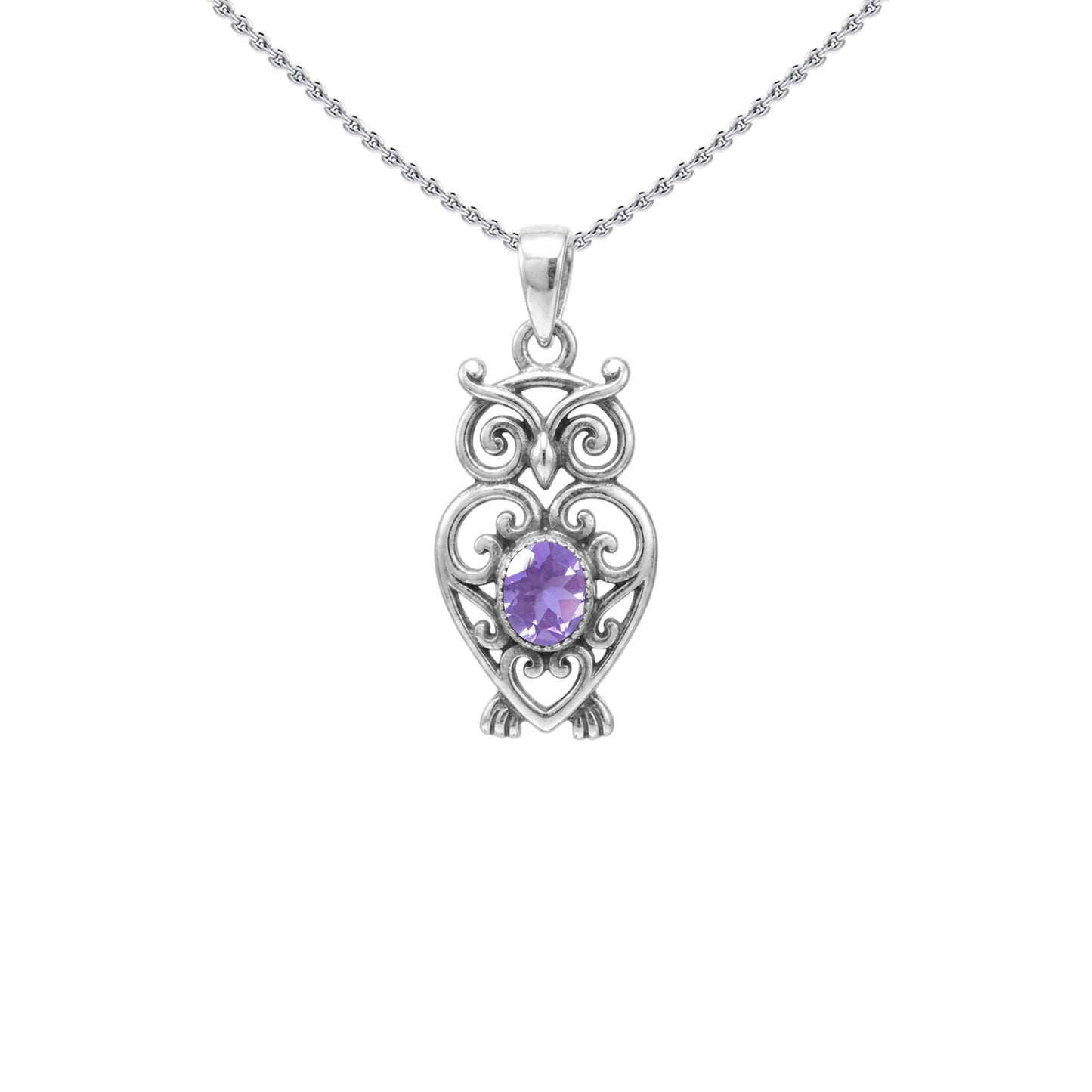 Filigree Owl  Sterling Silver Pendant with Gemstone TPD6620