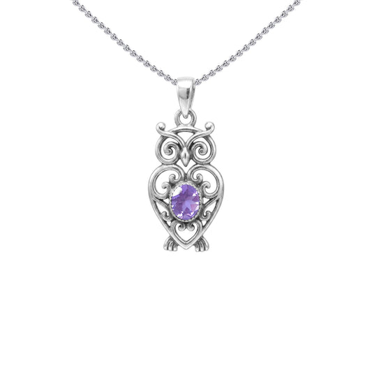 Filigree Owl  Sterling Silver Pendant with Gemstone TPD6620