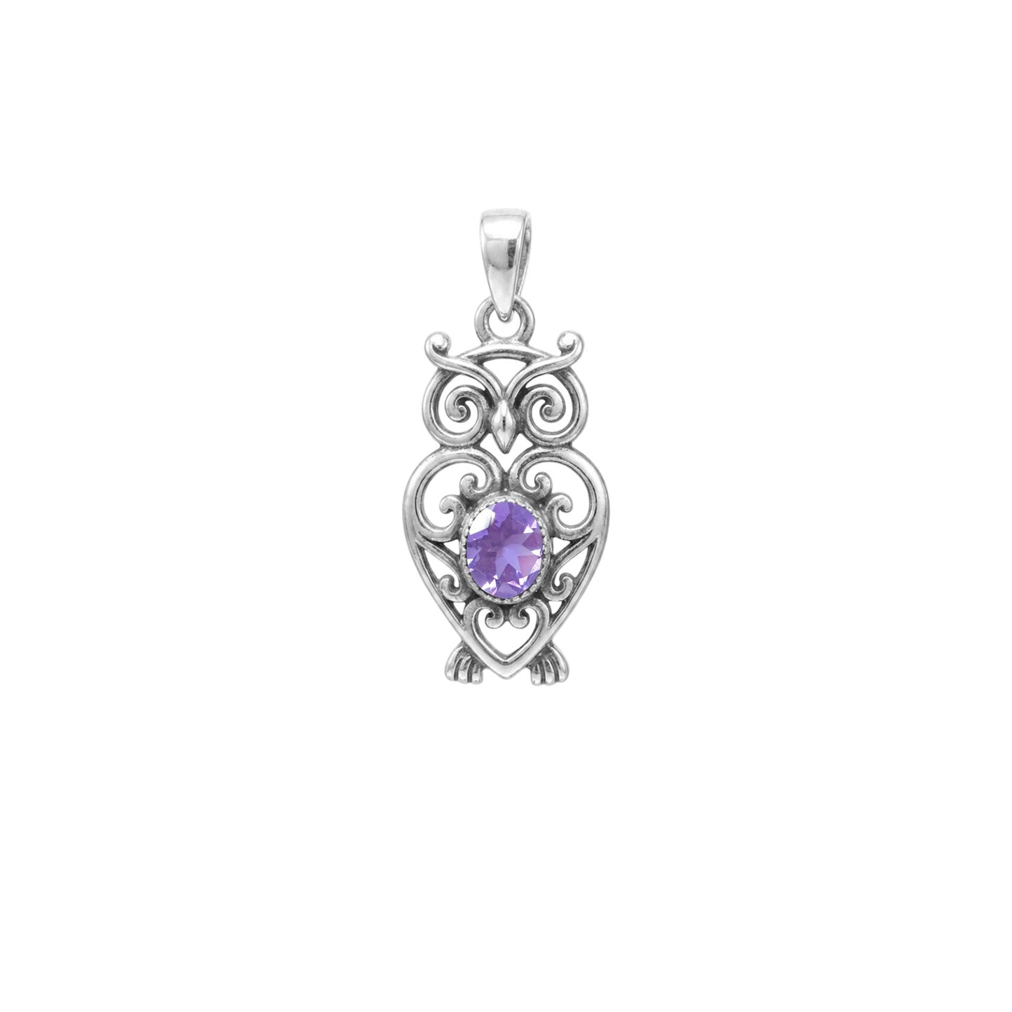 Filigree Owl  Sterling Silver Pendant with Gemstone TPD6620