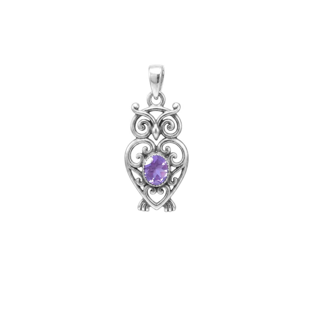 Filigree Owl  Sterling Silver Pendant with Gemstone TPD6620